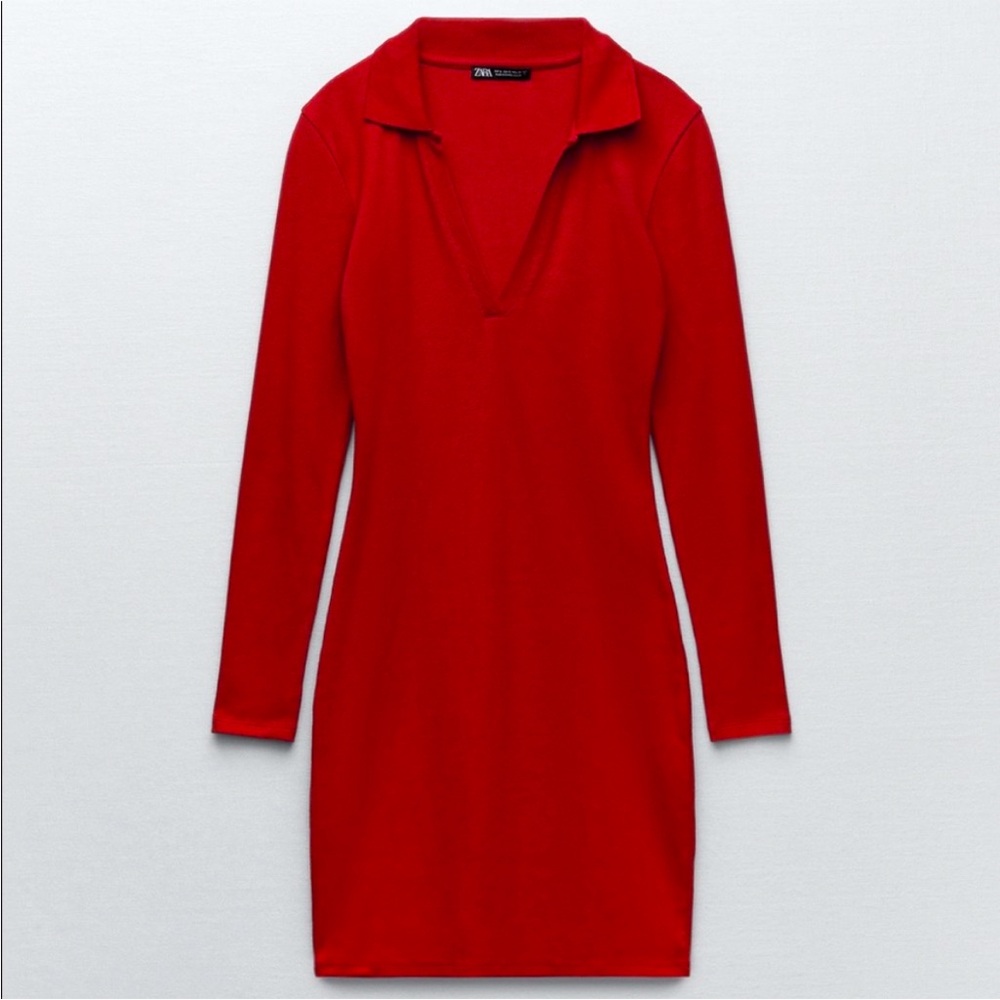 Zara Long Sleeve Polo V Neck Dress, LARGE, Red